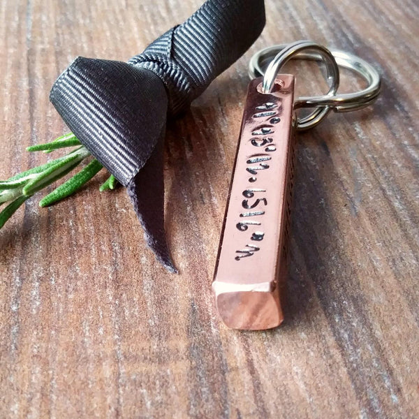 Copper Personalised 4 Sided 3D Bar Keyring | Coordinates 7th Anniversary Gifts-Keyring-Sparkle & Dot Designs