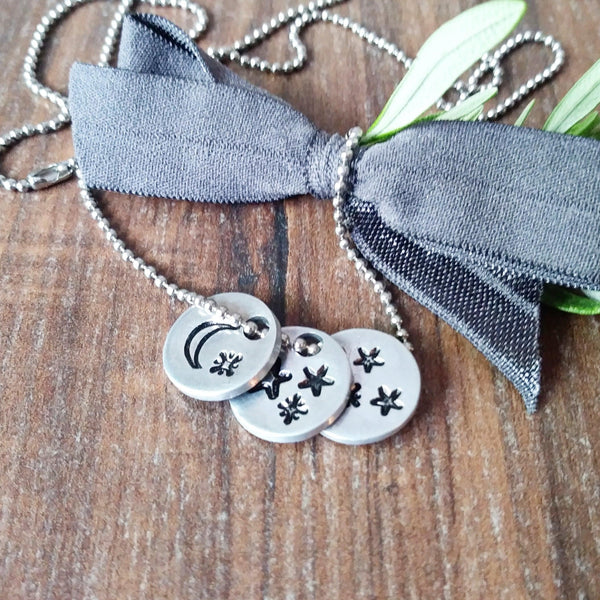 Three personalised aluminium discs on a stainless steel ball chain Sparkle and Dot Hand Stamped Designs