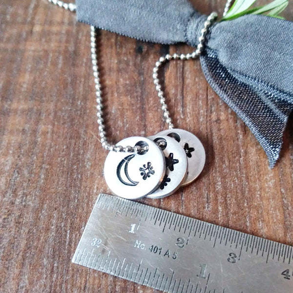 Measurement of 13mm x 1.5mm Three personalised aluminium discs on a stainless steel ball chain Sparkle and Dot Hand Stamped Designs