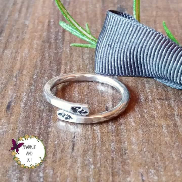 Sterling Silver Wrap Ring with Leaf Design Sparkle & Dot Hand Stamped