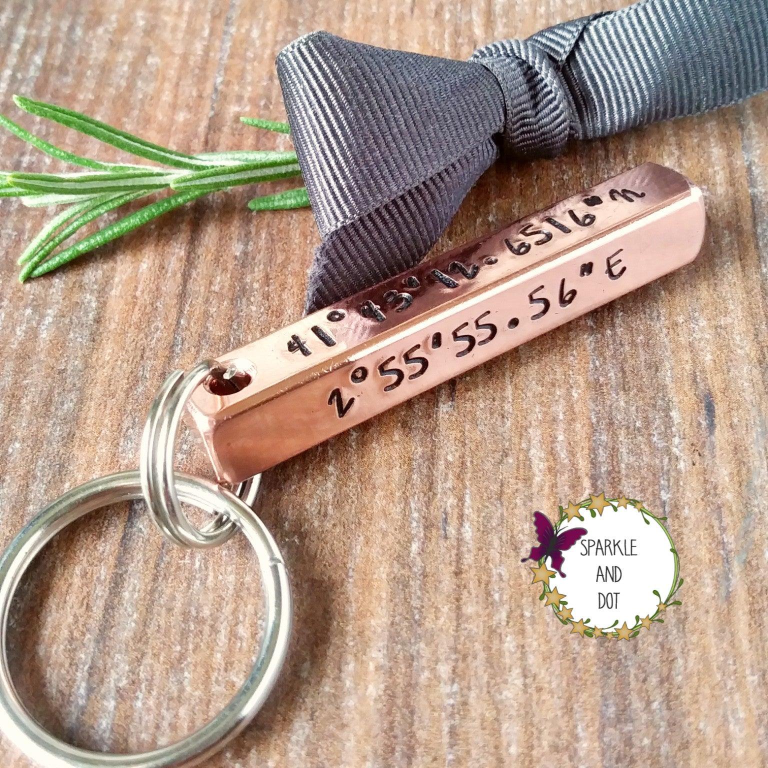 Copper Personalised 4 Sided 3D Bar Keyring | Coordinates 7th Anniversary Gifts-Keyring-Sparkle & Dot Designs