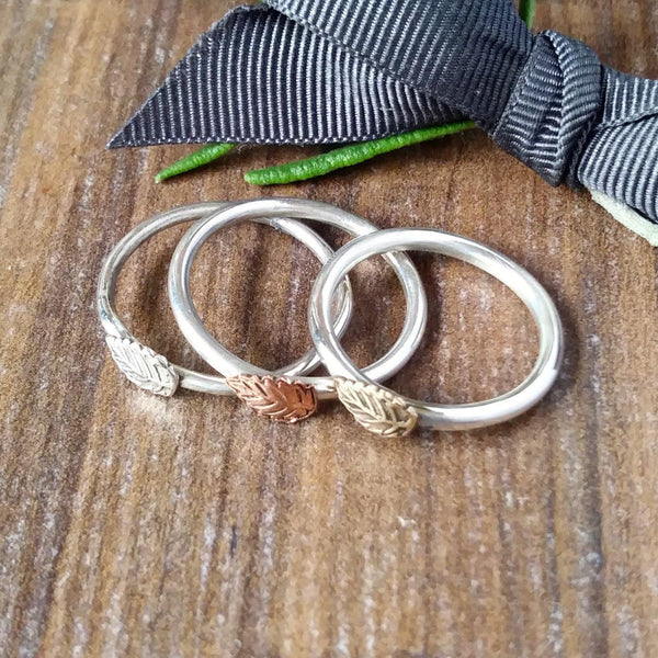 Skinny Stacking Silver Copper Brass Leaf Ring-Full Ring-Sparkle & Dot Designs