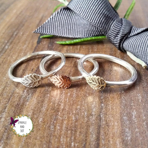Skinny Stacking Silver Copper Brass Leaf Ring-Full Ring-Sparkle & Dot Designs