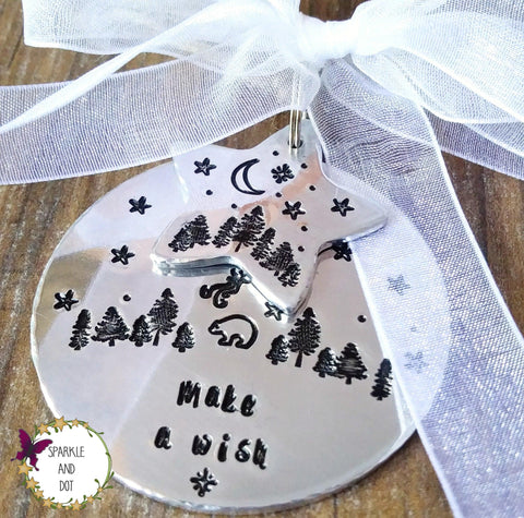 Hanging Christmas Decoration Bear Pine Trees Starry Night Sparkle & Dot Hand Stamped
