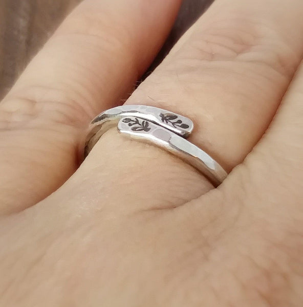 Silver Wrap Ring with Leaf Design Sparkle & Dot Hand Stamped
