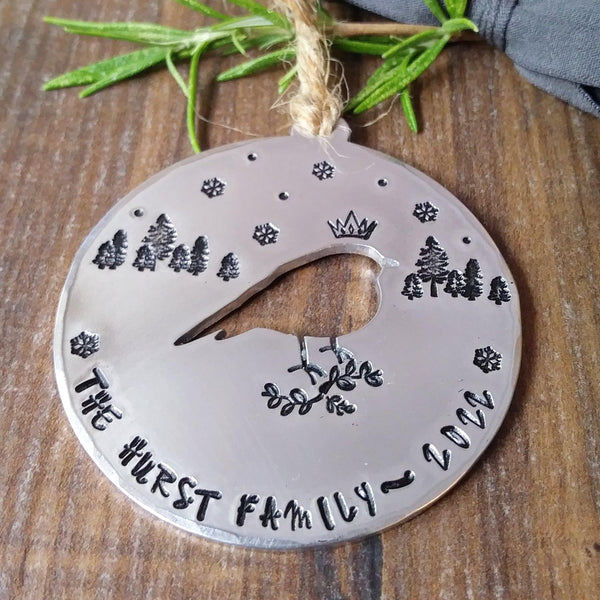 Personalised aluminium robin with a crown christmas tree decoration with pine trees and snowflakes 55mm x 55mm finished with jute Sparkle & Dot Hand Stamped